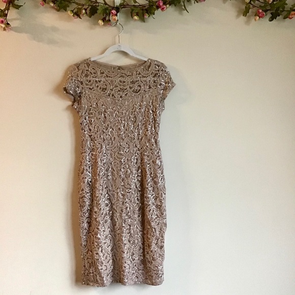 Marina champagne lace sequin short slv midi dress - Picture 4 of 8